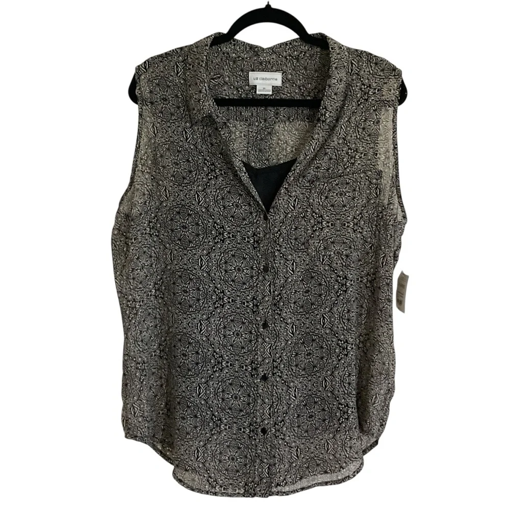 Liz Claiborne black & white Semi-sheer Top with black camisole. Size XL. NWT - Picture 1 of 11